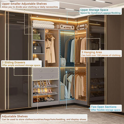 Closet System with 2 Drawers, 3 Hanging Rods, 59.5" * 31.5" Closet Organizer System with Corner Tower, Reversible L Shaped Walk-in Closet System, Corner Closet System Set of 2, Morandi Grey