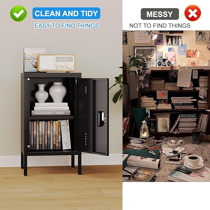 24.4" H Metal Locker Storage Cabinet with Adjustable Shelf, 1 Door Small Storage Cabinet with Adjustable Leveling Foot for Home,Office, Kids Locker,Assembly Required,Balck