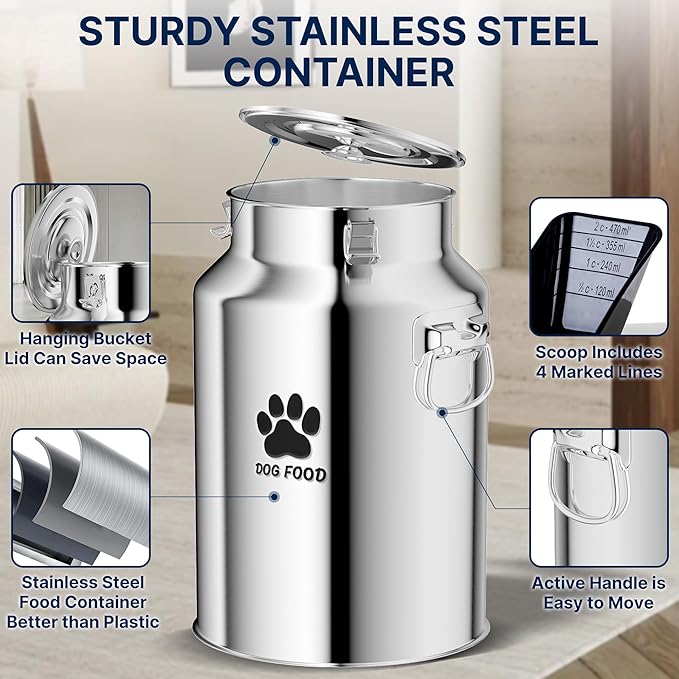40Lbs Large Metal Dog Food Storage Container, Stainless Steel Dog Food Storage Tank, Multifunctional Storage Bin with Lid and Spoon, Food Storage Container for Big Dogs, Keep Fresh, Easy to Clean
