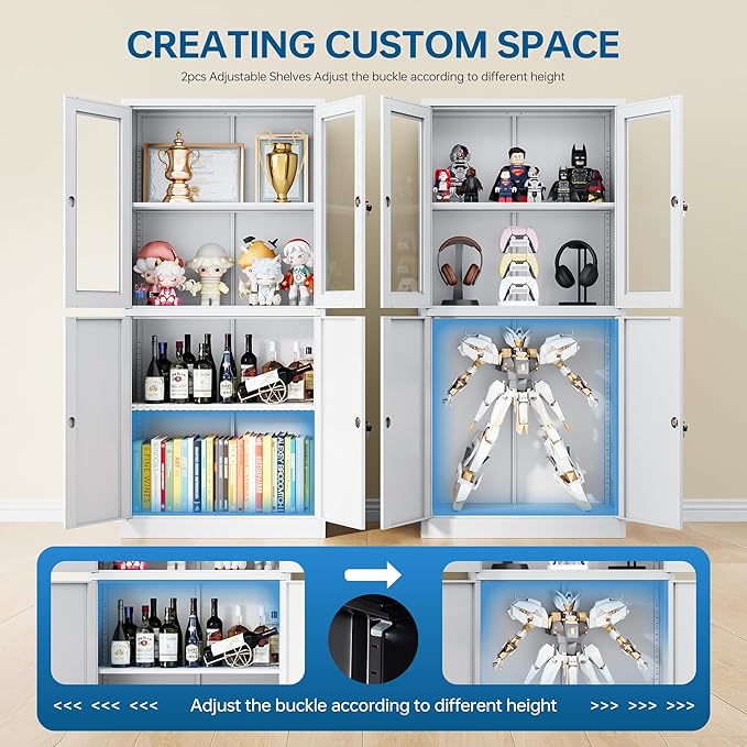 Display Storage Cabinet with Glass Door, 71 Inches Metal Curio Cabinet with 2 Adjustable Shelves, Locking Glass Display Case for Home, Office, Clinic, Pantry, Assemble Required(White)