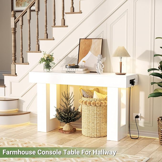 Unikito 47" Entryway Table with Socket and Sensor Light, Narrow Console Table with Storage Behind Couch, Farmhouse Entry Way Tables with Open Storage for Entrance/Hallway/Living Room, White