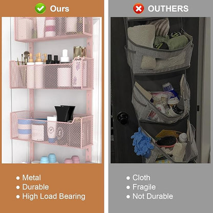 Over The Door Organizer, Metal Door Organizer Hanging with 5 Adjustable Baskets and Coat Hook, Behind The Door Storage for Bedroom Closet Bathroom Pantry Cabinet Kitchen, Pink