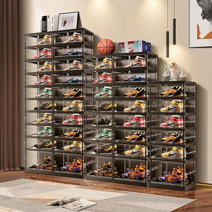 6-Tier Collapsible Shoe Storage Rack - Large Plastic Shoe Organizer with Doors, Quick Assembly, Black