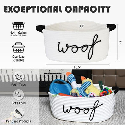Sea Team Dog Toy Storage Basket with Handles, 16.5 x 11 x 7 Inches, 4.4 Gallons Large Cotton Rope Storage Bin, Shelf Basket, Organizer for Pet Chew Toys, Foods, White Woof
