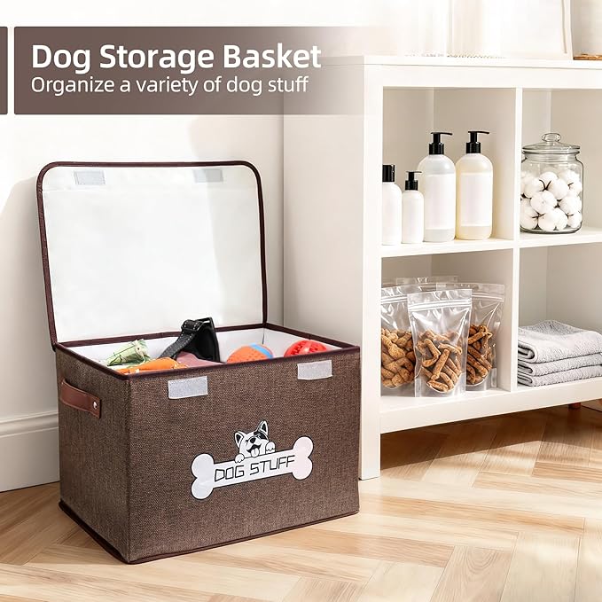 Fabric Dog Toy Box with Lid, Collapsible Storage Bin, Basket Organizer with Handle for Dog Toys, Blankets and Accessories, Coffee
