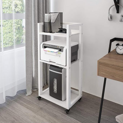 Natwind 3-Tier Movable Printer Stand Floor-Standing Desk Side Shredder Stand Computer Host Holder Adjustable Storage Shelf Rack on Wheels for Fax Scanner File Book (White)