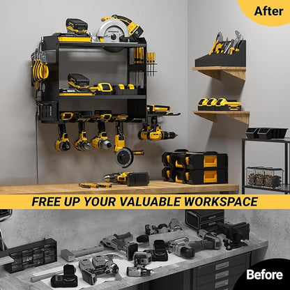 YYR Power Tool Organizer Wall Mount with Charging Station, Cordless Tools Hanger and Battery Storage Rack for Garage Organization, Heavy Duty Drill Holder Shelf Build in Metal Power Strip - Black
