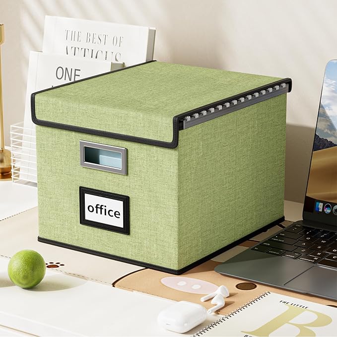 Huolewa File Organizer Boxes with Lids, Linen Hanging Filing & Storage Box with Plastic Slide for Office/Decor/Home, Universal Hanging Filing Organization Box for Letter/Legal Folder