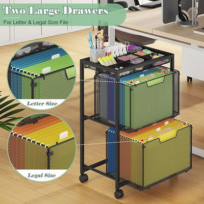 Rolling File Cart with 2 Drawers, Under Desk Storage Cabinet with DIY Divider, Letter/Legal Mobile Filling Cabinet on Wheels, Hanging File Folders Organizer, Metal Utility Cart for Home Office, Black