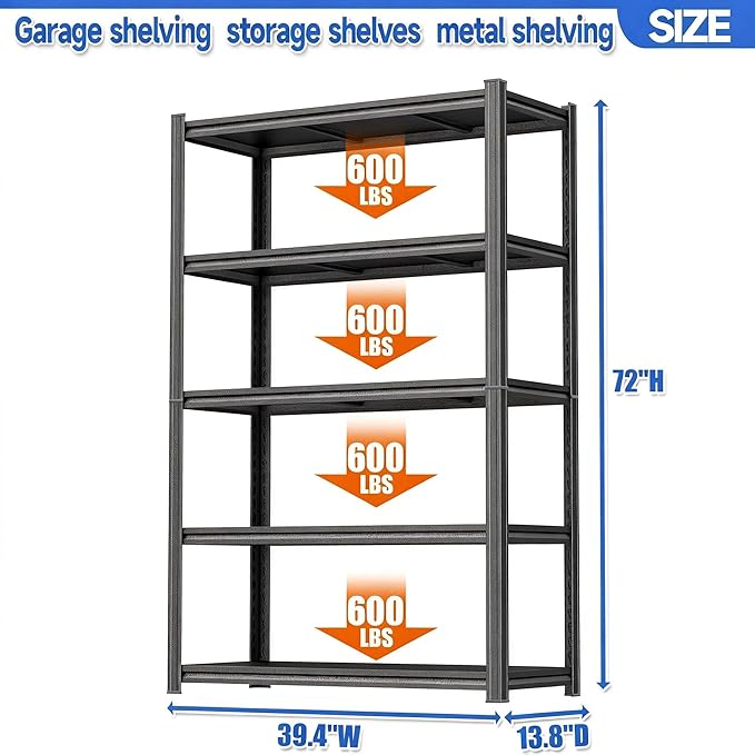 72"H Storage Shelves Heavy Duty 3000LBS Garage Shelving Adjustable Metal Shelf 5 Tier Shelving Unit Metal Storage Rack for Basement, Warehouse, Pantry, Closet, Kitchen 39.4"W × 13.8"D × 72"H, Black