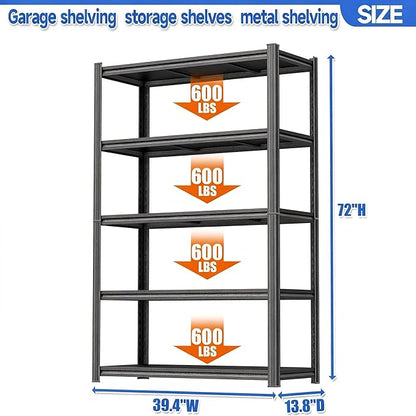 72"H Storage Shelves Heavy Duty 3000LBS Garage Shelving Adjustable Metal Shelf 5 Tier Shelving Unit Metal Storage Rack for Basement, Warehouse, Pantry, Closet, Kitchen 39.4"W × 13.8"D × 72"H, Black