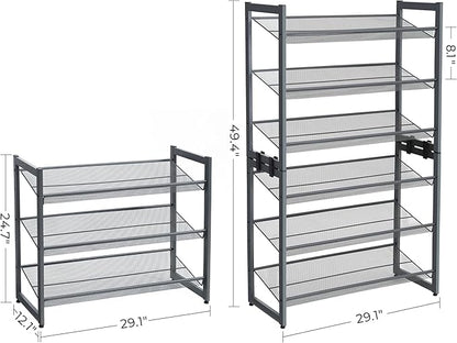 SONGMICS Shoe Rack, 6-Tier Shoe Organizer, Metal Rack for Garage, Set of 2, 3-Tier Stackable Shelf, with Adjustable Flat or Angled Shelves, 18-24 Pairs, Charcoal Gray ULMR003G02