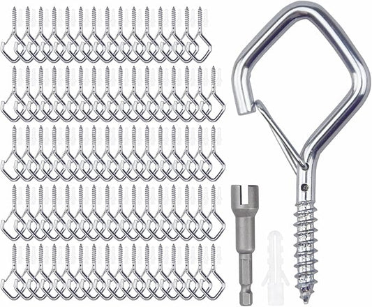 80 Pcs Outdoor Hooks for String Lights,Screw Hooks for Hanging Plants,Ceiling Hooks with Safety Buckle,Square Hanger for Wind Chimes,Bird Feeder,Lanterns,Christmas Decorations Silver