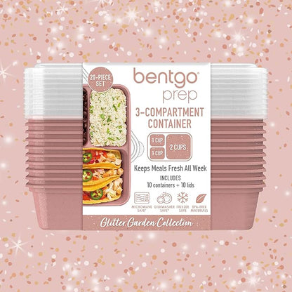 Bentgo Prep - 20-Piece 3-Compartment Reusable Meal Prep Containers with Lids, PFAS & BPA Free Materials, Durable, Microwave, Freezer, & Dishwasher Safe To Go Food Storage (Rosette Glitter)
