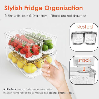 Fridge Organizers and Storage, 6 Pack Clear Freezer Organizer Bins with Lids for Kitchen, Pantry, Refrigerator, Food, Fruit, Vegetable Storage