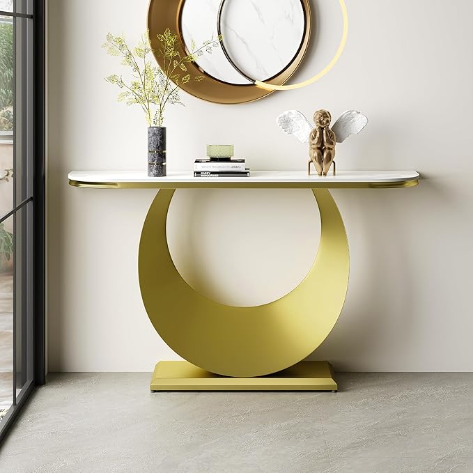 47.2" Premium Half-Console Table with Faux Marble Top & Gold Metal Base,Long Narrow Entryway Table for Hallway,Sofa Table & Accent Furniture for Foyer,Living Room,Bedroom,White & Gold