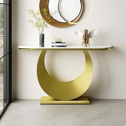 47.2" Premium Half-Console Table with Faux Marble Top & Gold Metal Base,Long Narrow Entryway Table for Hallway,Sofa Table & Accent Furniture for Foyer,Living Room,Bedroom,White & Gold