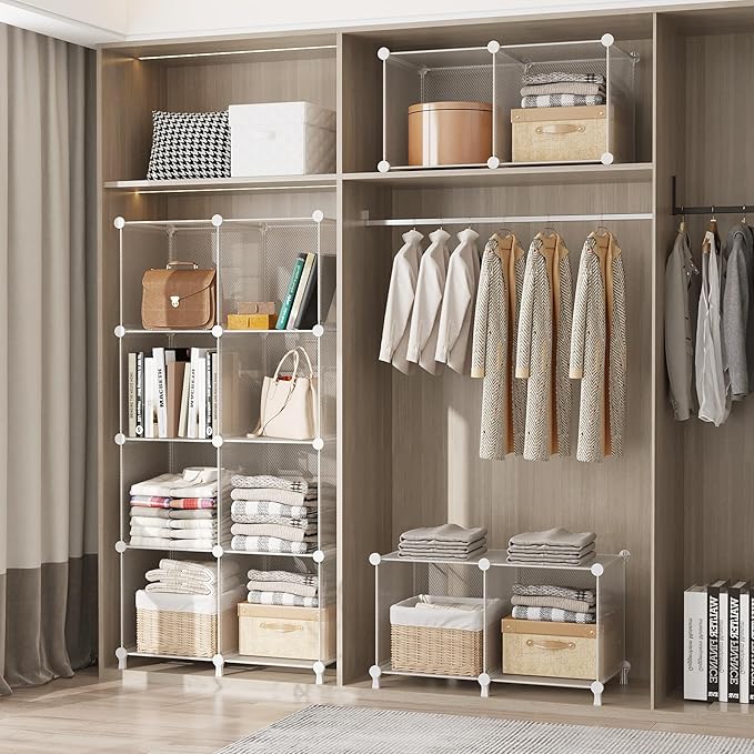 AWTATOS 8 Cube Storage Organizer, Closet Organizer Storage Shelf, Bookcase Bookshelf, DIY Stackable Storage Cubes Shelves for Closet, Bedroom, Home, Office, Transparent Twill