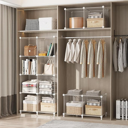 AWTATOS 8 Cube Storage Organizer, Closet Organizer Storage Shelf, Bookcase Bookshelf, DIY Stackable Storage Cubes Shelves for Closet, Bedroom, Home, Office, Transparent Twill