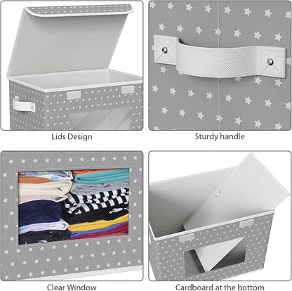 Univivi Fabric Foldable Storage Boxes [4-Pack] Large Collapsible Stackable Storage Bins with Lids, Closet Organizers and Storage Cube Basket for Home, Office, Bedroom (Gray Star, 17”x 12” x 12”)