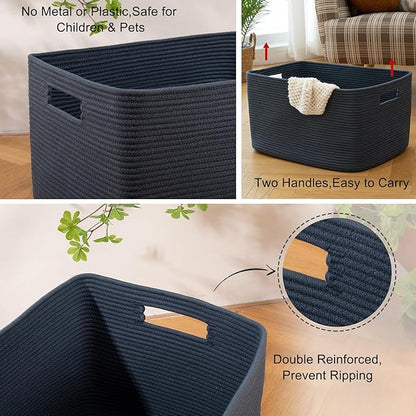 OIAHOMY 75L Large Blanket Basket, Woven Storage Basket with Handle, Cotton Rope Basket 22”x17”x12”,Blanket Basket Living Room, Toy Basket for Nursery, Blue