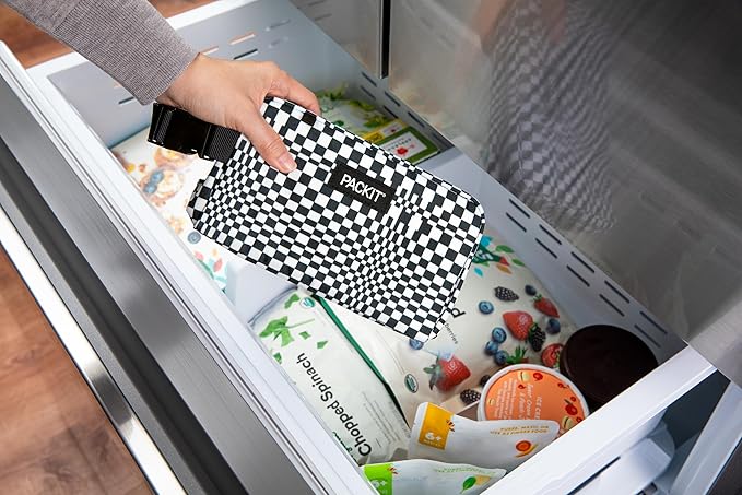 PackIt Freezable Snack Box, Checked Out, Built with EcoFreeze Technology, Collapsible, Reusable, Zip Closure with Buckle Handle, Designed For Work Snacks, Fresh Snacks On the Go, Adults, and All Ages