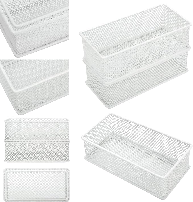 Annova Mesh Stackable Drawer Cabinet and Shelf Organizer Bins Storage Basket School Office Supply Holder Tray- Set of 2 (White, 3x6x2 Inch)