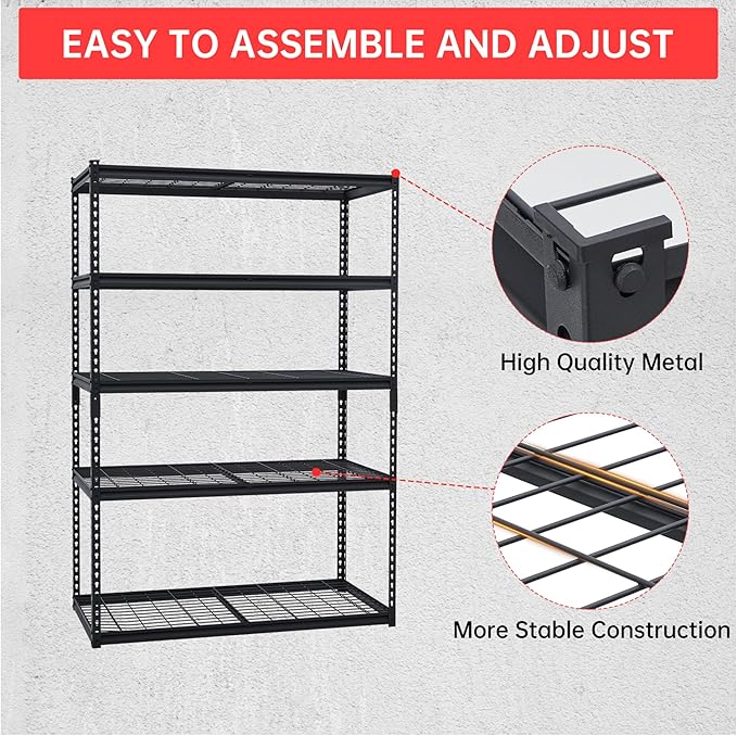 48" Heavy Duty Garage Shelving Unit, Adjustable 5-Tier Metal Storage Rack, Freestanding Utility Shelf, 48"w x 18"d x 72"h