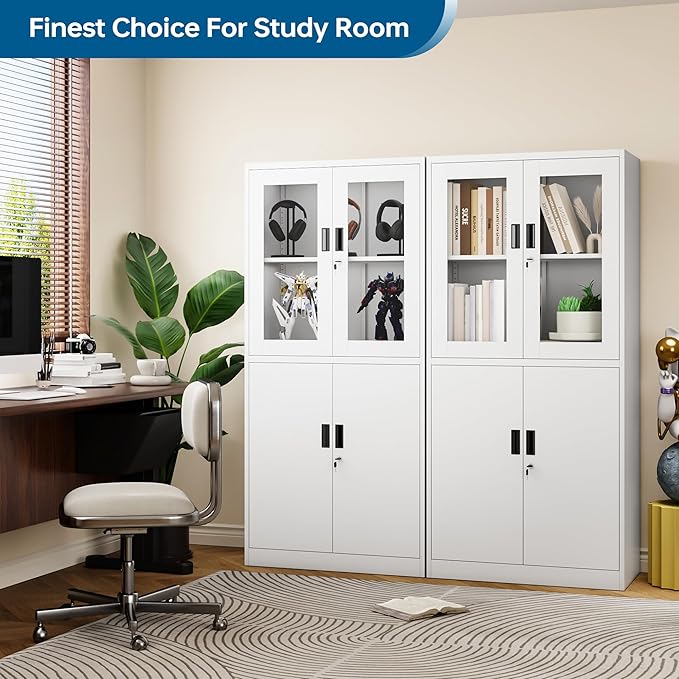 Display Storage Cabinet with Glass Door, 71 Inches Metal Curio Cabinet with 2 Adjustable Shelves, Locking Glass Display Case for Home, Office, Clinic, Pantry, Assemble Required(White)