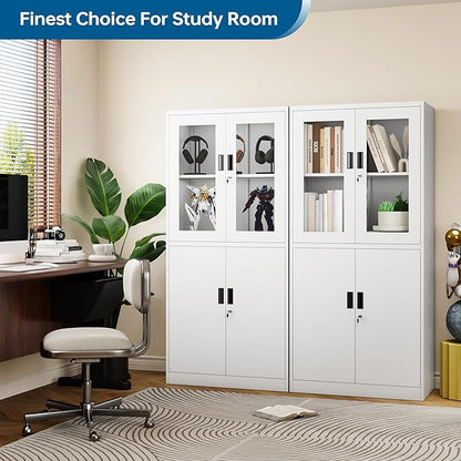 Display Storage Cabinet with Glass Door, 71 Inches Metal Curio Cabinet with 2 Adjustable Shelves, Locking Glass Display Case for Home, Office, Clinic, Pantry, Assemble Required(White)