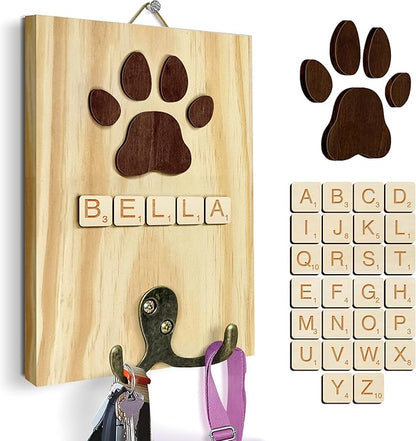 Dog Leash Holder Wall Mount, Pet Harness Hanger with Scrabble Letters, Dog Collar Organizer for Entryway, Memorial Cat Leash Holder for Wall, Pet Loss Gifts, Keepsake, Home Decor PF212-NAT