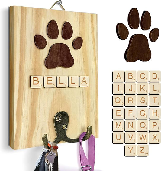 Dog Leash Holder Wall Mount, Pet Harness Hanger with Scrabble Letters, Dog Collar Organizer for Entryway, Memorial Cat Leash Holder for Wall, Pet Loss Gifts, Keepsake, Home Decor PF212-NAT