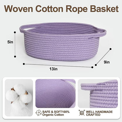 Small Baskets for Gifts Empty, 13"x 9"x 5" Woven Gift Basket with Bag and Ribbon, Cotton Rope Kids Dog Cat Toy Bin Box, Cute Baby Nursery Organizer, Decorative Storage with Handles,Purple