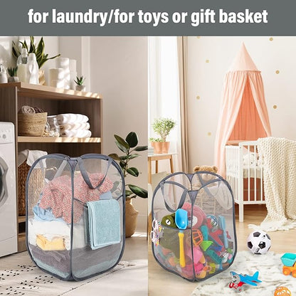 BATTOO Deluxe Strong Mesh Pop up Laundry Hamper Basket with Side Pocket for Laundry Room, Bathroom, Kids Room, College Dorm or Travel 2 Pack White