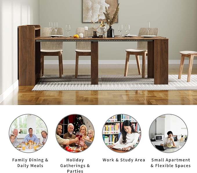 Extendable Folding Dining Table with Storage, 30”-88.4”L Expandable Rectangle Wood Table for 1–10 People, Space-Saving Modern Rustic Dining Room Kitchen Furniture, Walnut