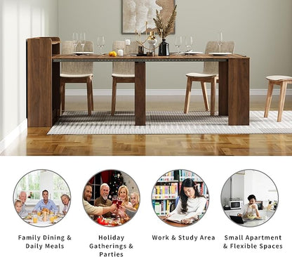 Extendable Folding Dining Table with Storage, 30”-88.4”L Expandable Rectangle Wood Table for 1–10 People, Space-Saving Modern Rustic Dining Room Kitchen Furniture, Walnut