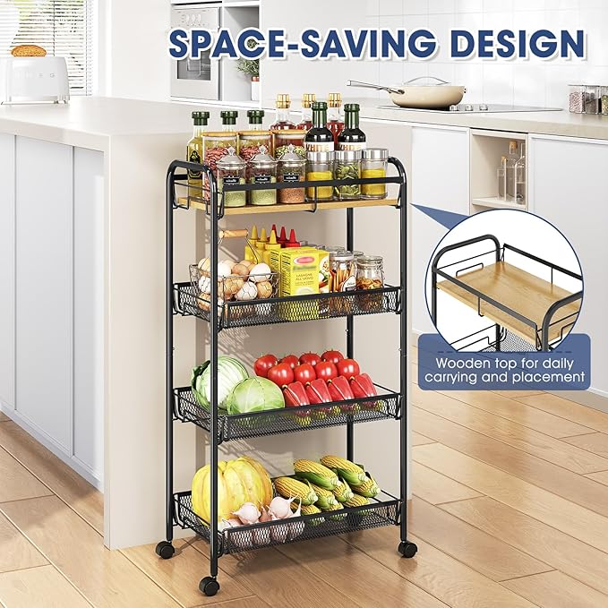 TOOLF 4-Tier Rolling Cart, Metal Utility Cart, Slide Out Storage Cart with Wooden Tabletop and Mesh Baskets, Easy Assemble Trolley for Kitchen Bathroom Laundry Room Bedroom Apartments Dormitory