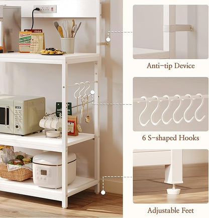 SUPERJARE Bakers Rack with Power Outlets, Microwave Stand, 31.5 X 16.5 Inch Larger Desktop, Kitchen Storage Rack with Adjustable Middle Shelf, 6 S-Shaped Hooks, Coffee Bar Stand, White