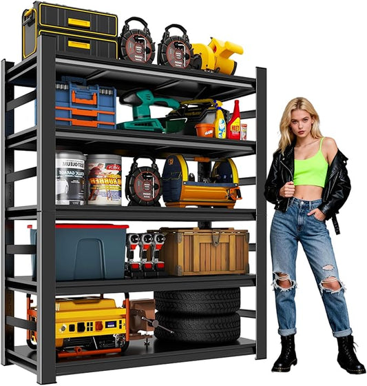 Metal Garage Shelving Unit,Heavy Duty 5-Tier Adjustable Storage Shelves,3000 lbs Capacity,Industrial Shelves for Heavy Tools and Equipment,for Garage,Basement (Black, 39.4" Wx13.8 Dx71 H)