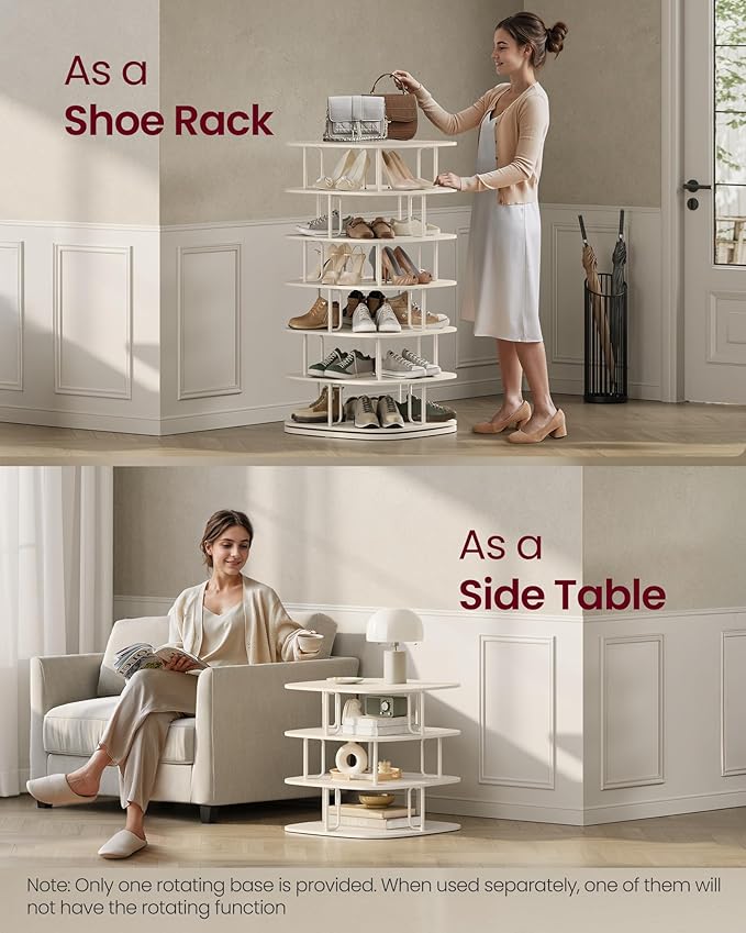 VASAGLE 7-Tier Shoe Rack, Rotating Shoe Rack Tower, Shoe Closet Organizer, Shoe Shelf, 28-35 Pairs, 23.6 x 23.6 x 47.2 Inches, for Entryway, Living Room, Closet, Cream White ULBS041W01
