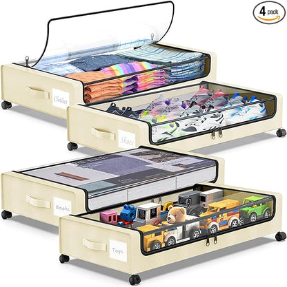 Under Bed Storage with Wheels, 4-Pack UnderBed Storage Containers with Clear Lids, Under Bed Shoe Storage Organizer, Rolling Under Bed Storage for Clothes Shoes Blankets (Beige)