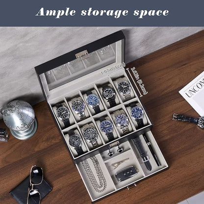 ProCase Watch Box, 10 Slot Watches Display Case with Drawer, Mens Watch Case with Glass Lid, 2-Layer Mens Jewelry Organizer Storage Holder, Birthday Valentine Gifts for Men -10 Slot, Black