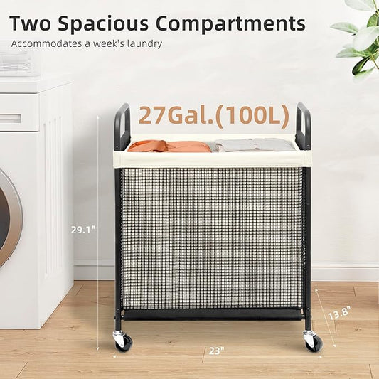 STORAGE MANIAC Rolling Laundry Hamper with Wheels 2-Section Laundry Sorter Rolling Laundrys Basket on Wheels with Removable Bag Clothes Hamper Laundrys Organizer Cart Bathroom Bedroom 100L Beige