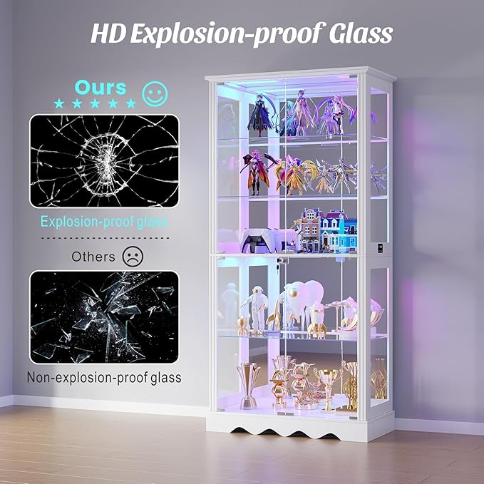 Glass Display Cabinet with Doors, RGB Curio Cabinet with LED Lights for Collectibles, Display Case with Adjustable Shelf, White