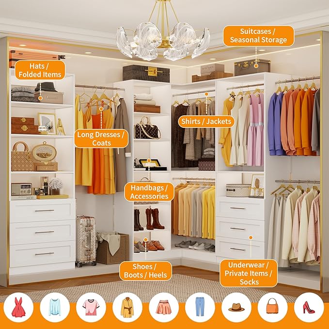 Closet System with 3 Sets, 6.5-16FT Corner Closet Organizer System with 6 Drawers & 11 Shelves & 6 Hanging Rods, Custom L-Shaped Modular Walk-in Closet Organizers and Storage System Corner, White