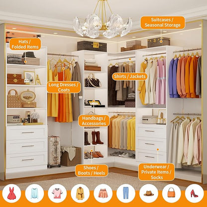 Closet System with 3 Sets, 6.5-16FT Corner Closet Organizer System with 6 Drawers & 11 Shelves & 6 Hanging Rods, Custom L-Shaped Modular Walk-in Closet Organizers and Storage System Corner, White