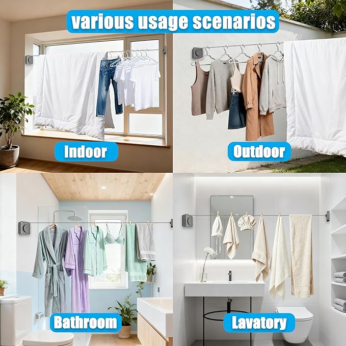 Retractable Clothesline, Non-Sagging Wall Mounted Laundry Line, Space-Saving Stainless Steel Clothes Line, Heavy Duty Drying Rack 15.6 Ft for Apartment, Dorms, RV & Travel (Gray)