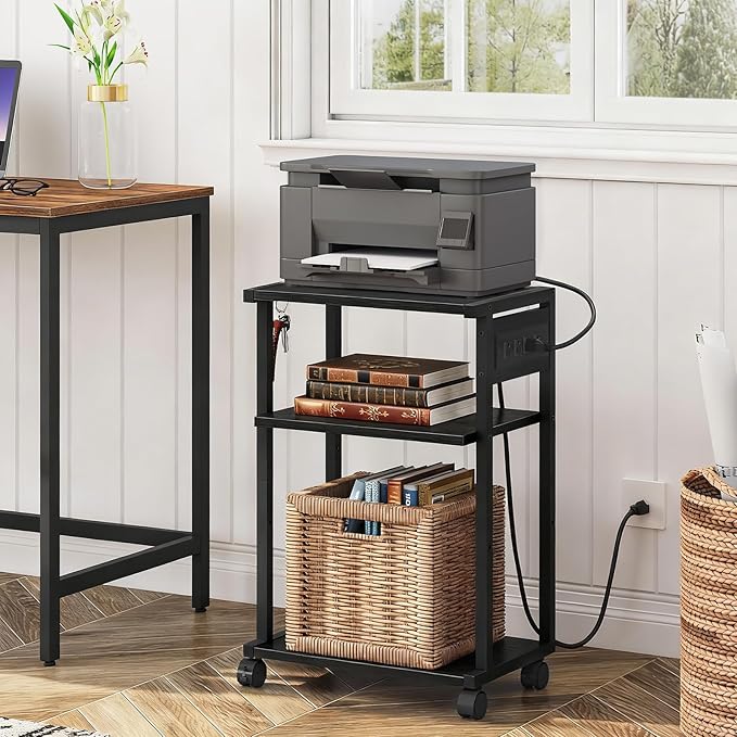 HOOBRO Industrial Printer Stand with Charging Station, 3-Tier Printer Table, Rolling Printer Cart with Adjustable Shelf and Hook, Black BB28UPS01