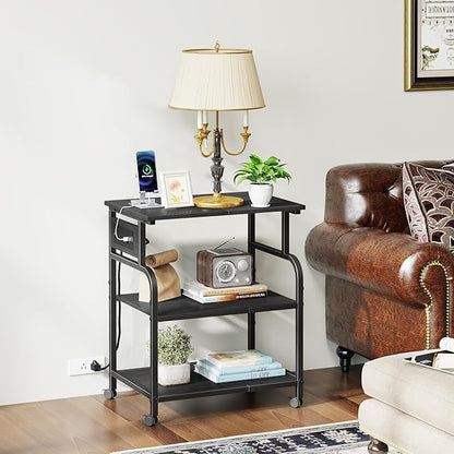 YAOHUOO 3 Tier Large Printer Stand with Power Outlet/Adjustable Storage Shelf, Rolling Cart with Wheels, Printer Table for Home Office 3D Printer/Heat Press/Laster, 22"×15" Black