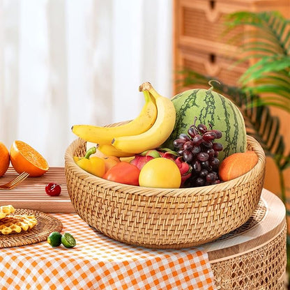 Natural Rattan Round Fruit Basket Bowls, Hand Woven Decor Serving Baskets, Wicker Storage for Dinning Room (Round-Medium)＜8.8''(D) X2.9(H)＞